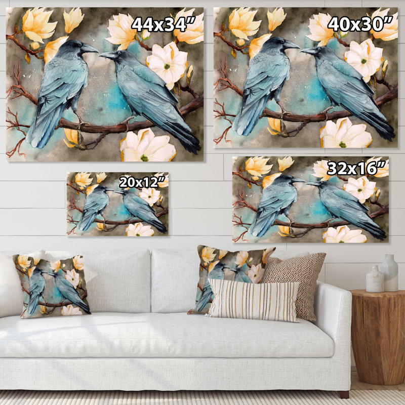 Deux corbeaux sur les branches de magnolia avec fleurs - reproduction sur toile, H 34 po x l 44 po x P 1,5 po, Toile tendue