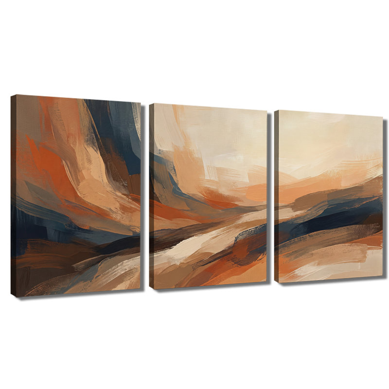 Abstrait paysage de montagne canyon chaleureux - Toile tendue avec châssis de qualité supérieure - prêt à être accroché (ensemble de 3)