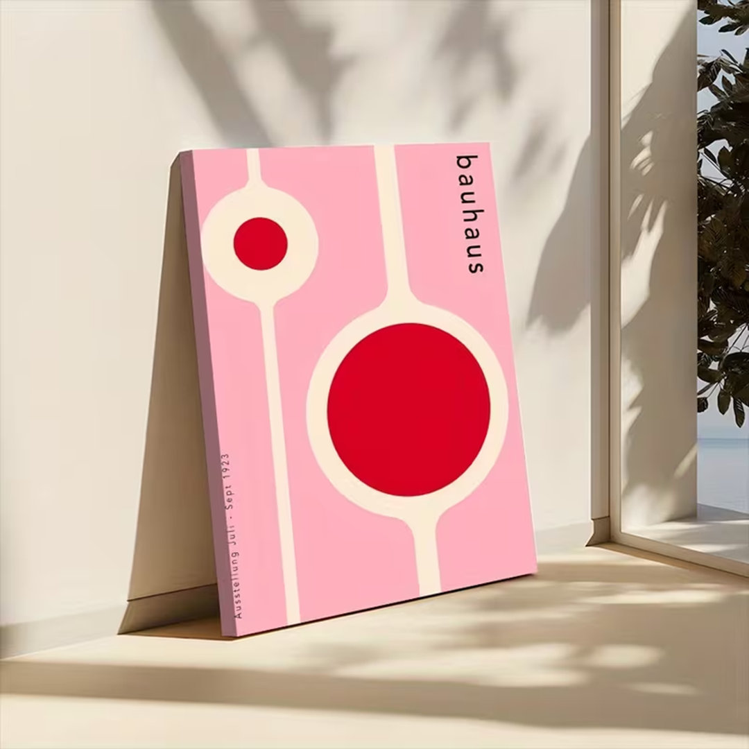 45*30,1Pc Framed Canvas Wall Art - Bauhaus Style Red Circle & Geometric Pattern, Pink & Red Abstract Design, Wrapped Canvas Frame.
