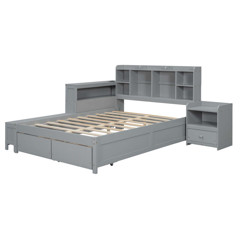 Full Wooden Platform Bed With Multi-Functional Storage Space, Nightstand, 2 Drawers, USB Ports And Desk