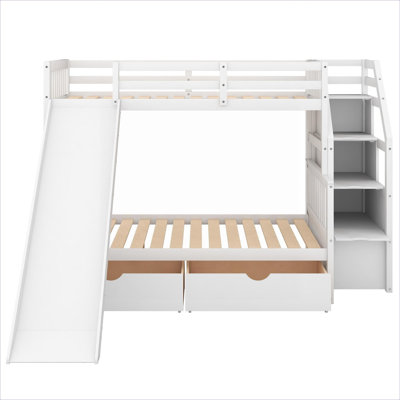 Soft White Solid Pine Twin Over Full Bunk Bed, Multifunctional Space-Saving Design with Storage and Slide for Bedroom Use