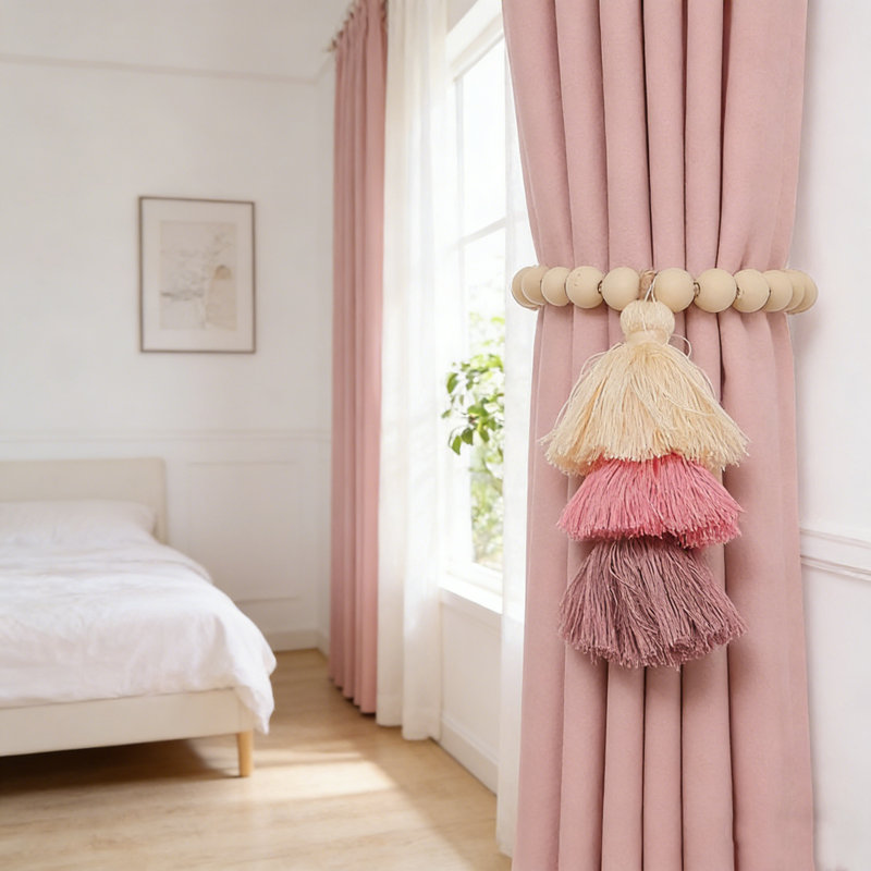 Set Of 2 Curtain Tiebacks Wood Bead Fringed Curtain Magnetic Buckle Tie 16In Length Home Living Room Bedroom Curtain Decoration, A1
