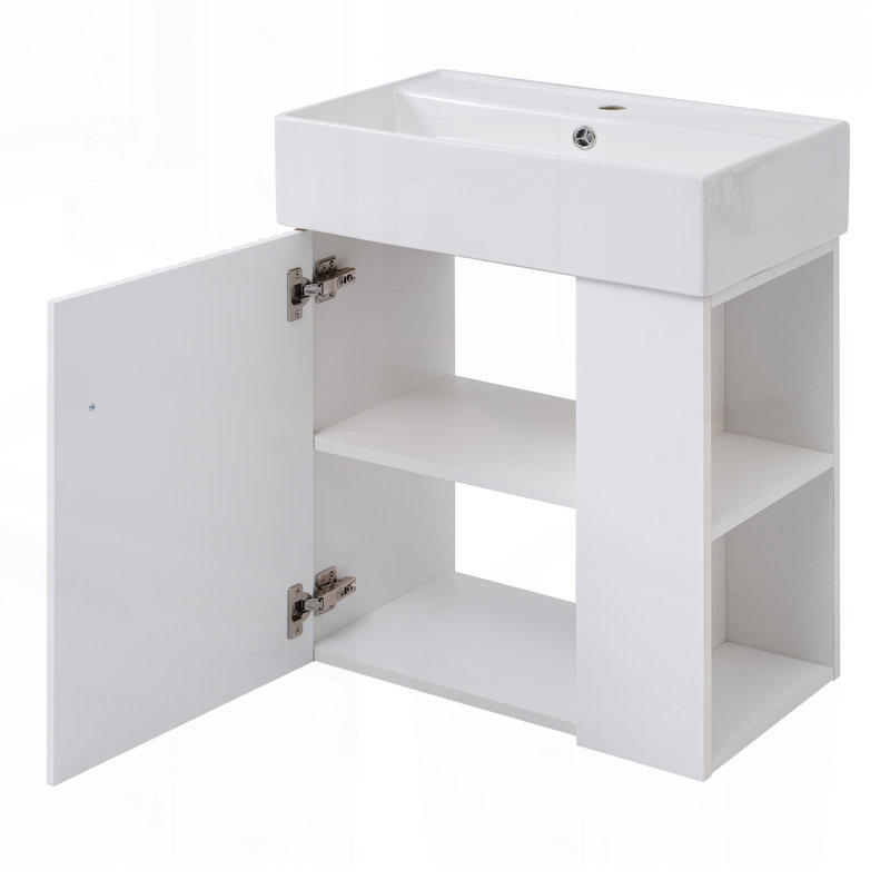 Meuble-lavabo flottant moderne de 21,6 po avec lavabo en céramique et rangement à droite pour les petites salles de bain