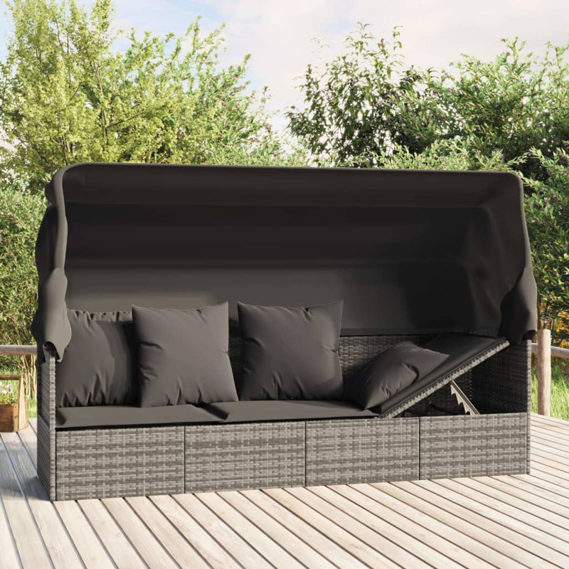 Lit de patio réglable en rotin avec toit et coussins, Gris, Gris
