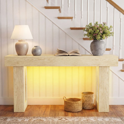 Console longue, canapé en bois avec lumières RVB, table d'entrée étroite avec prise USB, tables de canapé rectangulaires derrière le canapé pour l'entrée, couloir, salon, naturel