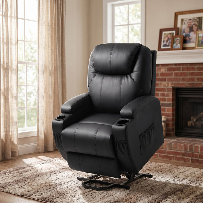 Polyester and Metal Frame Power Lift Massage Recliner , Black Faux Leather