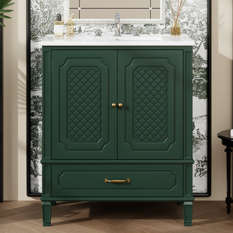 Ensemble de meuble-lavabo simple 30 po avec plateau en céramique, Vert foncé, Doré