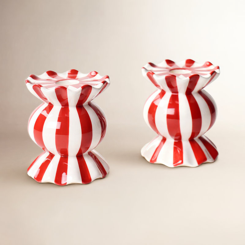 Ensemble de 2 porte-bougies à volants Red Stripe, H 7,75 po x l 3,5 po x P 3,5 po