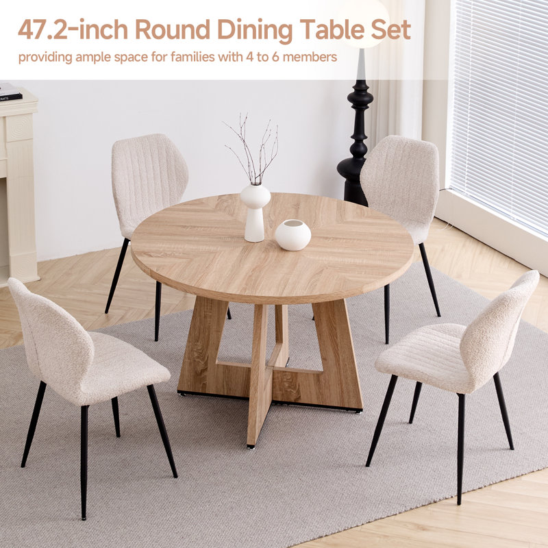 Ensemble table et chaises rondes 5 pièces pour 4 personnes, table de cuisine en bois de 119 cm (47 pouces) avec 4 chaises rembourrées en boucle beige