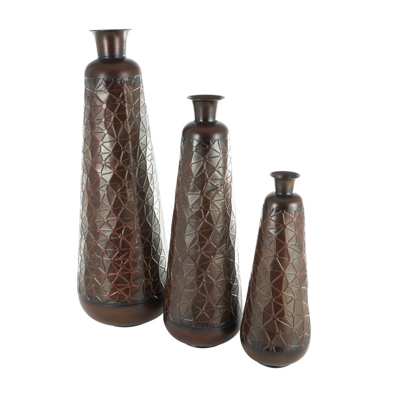 Cassano Metal Tall Teardrop Shaped Decorative Dark Brown Vase with Hammered Texture Set