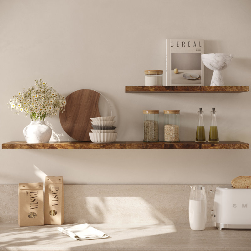  12 Inch Deep Floating Shelf, 30 x12 Inch Large Wall Mounted Shelf for Kitchen, Bathroom, Living Room, Rustic Brown (2 Pack)
