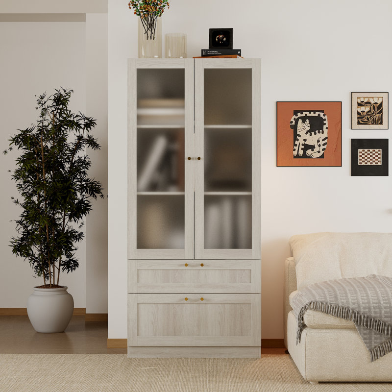Storage Cabinet With Frosted-Glass-Door And 2 Drawers