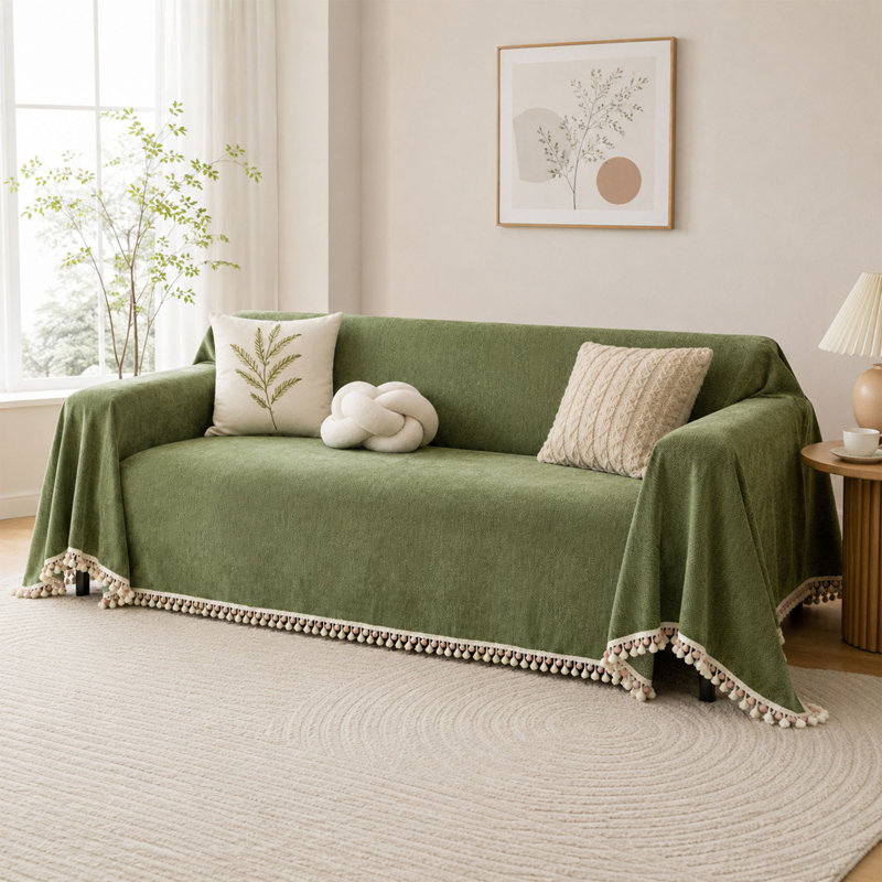 Housse de canapé verte en chenille à chevrons avec pompons
