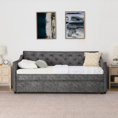 Twin Daybed with Pop-Up Trundle, Upholstered Sofa Bed Frame with USB Charging, Grey by George Oliver