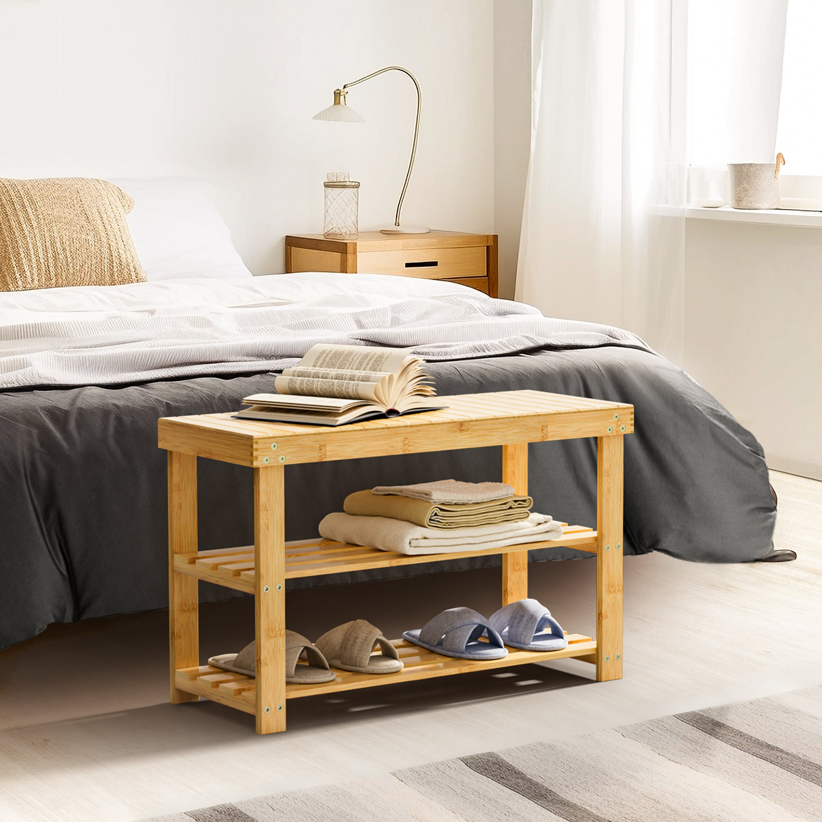 Rebrilliant Modern Minimalist 3Tier Natural Bamboo Shoe Rack Bench