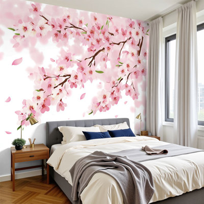 Peel and Stick Wallpaper 96" W x 69" H Modern Self Adhesive Wall Mural for Bedroom Cherry Blossoms Spring Floral Garden Japanese Vintage Flowers