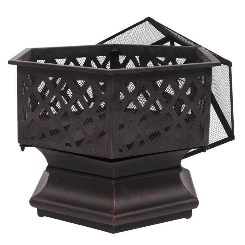 Rustic Iron Hexagonal Wood Burning Fire Pit with Spark Guard, Backyard and Poolside Brazier