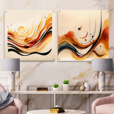 Burnt Orange Waves Abstract IV - Minimalisme abstrait, ensemble d'art mural en acrylique sur verre