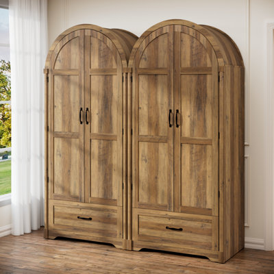 2 Doors Armoire Wardrobe Closet With Mirror & LED Sensor Light, 71" Farmhouse Arched Wood Wardrobe Cabinet With Drawers, Hanging Rod, Modern Clothing Storage Closet Cabinet For Bedroom