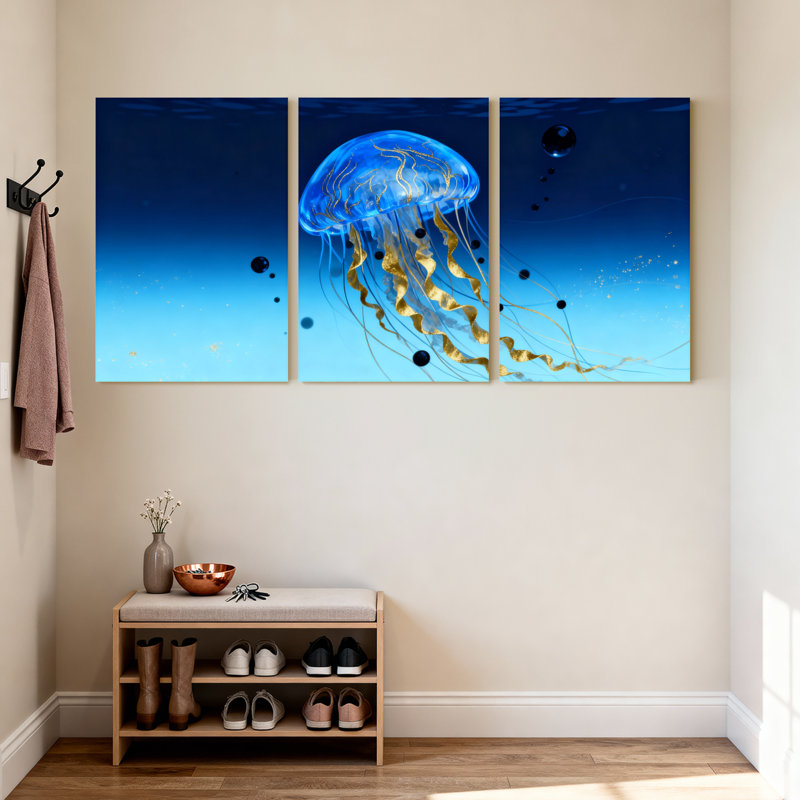 Ensemble de 3 impressions sur toile, méduse bleue avec tentacules dorés et bulles, H 18 po x l 36 po