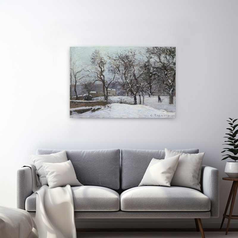 Neige à Louveciennes, vers 1870. Estampe d'art mural contemporain abstrait impressionniste représentant un paysage avec un arbre.