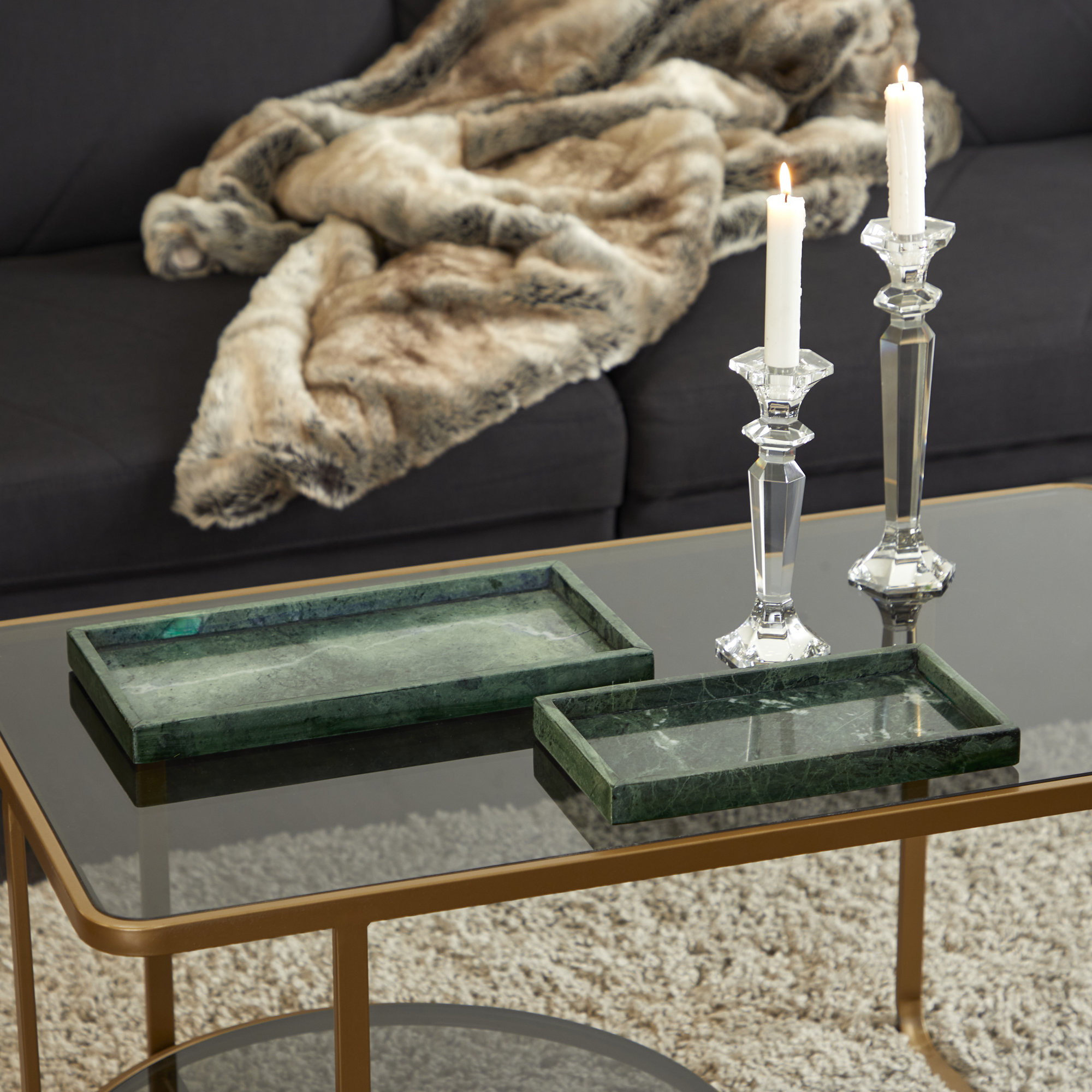 Marble Decor Tray with Raised Border Set, 1.4" H x 13.95" W x 7.05" D, Green