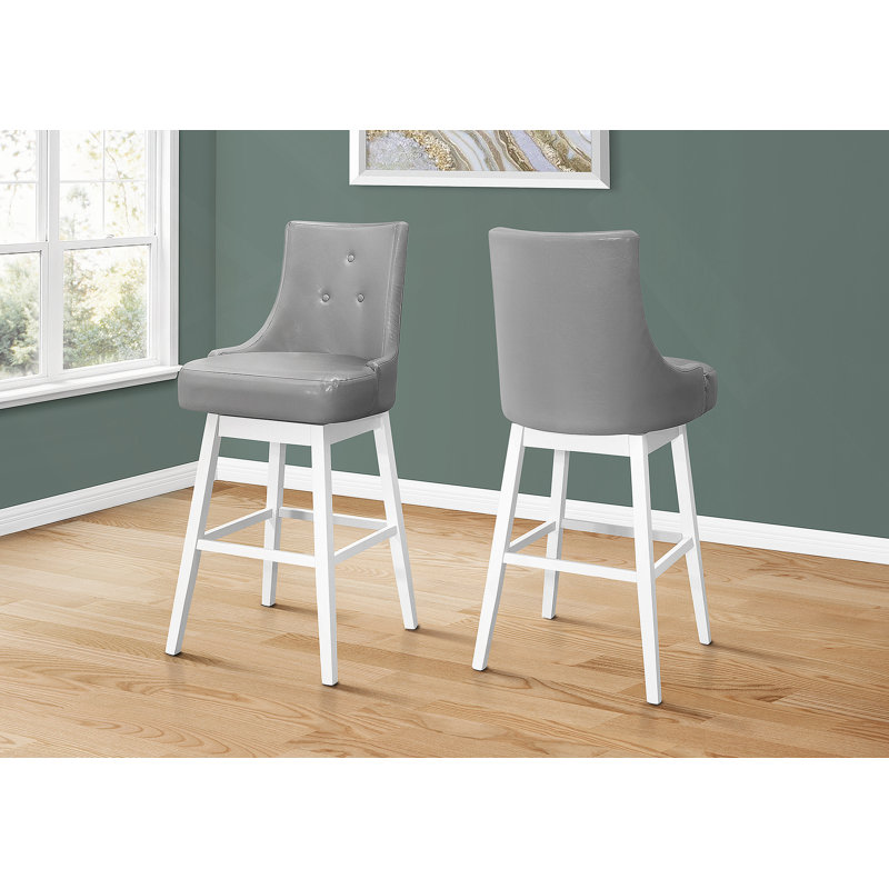 Tabouret de bar, ensemble de 2, pivotant, hauteur de bar, bois blanc, aspect cuir gris, transitionnel