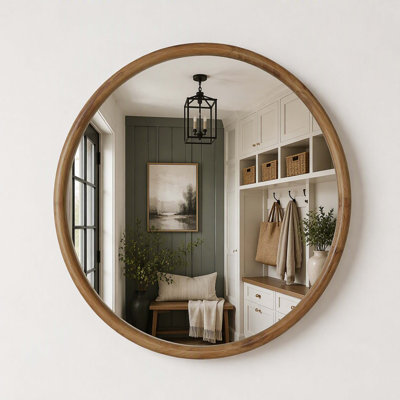 Miroir rond rond à cadre en bois naturel, miroir circulaire en bois naturel de 35,43 po pour la salle de bain, la chambre à coucher, le vestibule, miroir décoratif Mid-Century