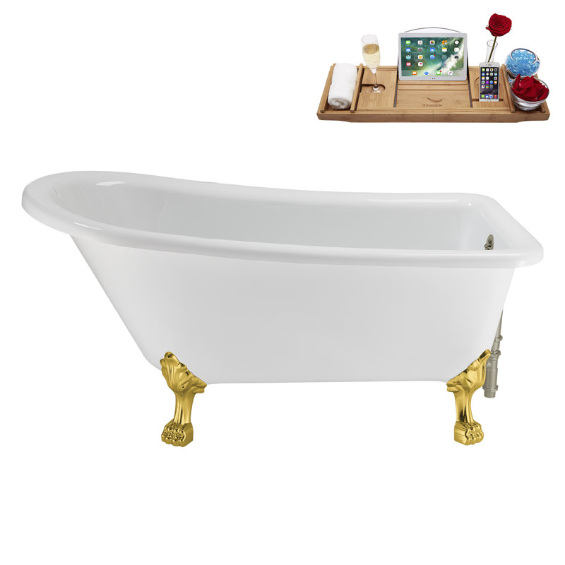 58" Streamlin Clawfoot Tub,Tray,Drain, Clawfeet, Polished Gold, Brushed Nickel