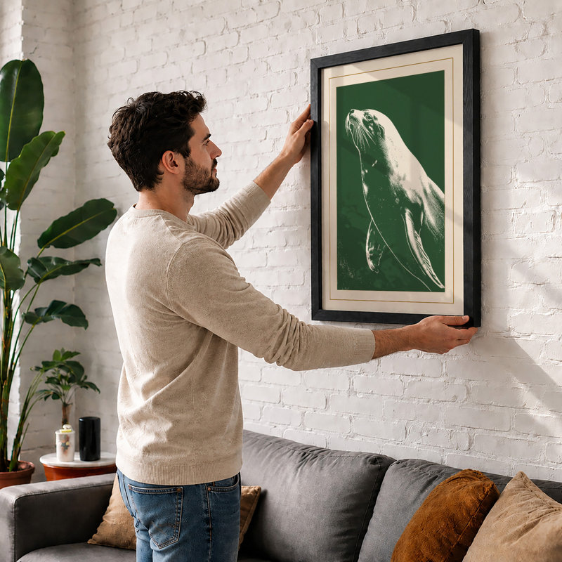 Graceful Seal Study Japandi - Framed Print, Black, A3 - 42.0 x 29.7 cm