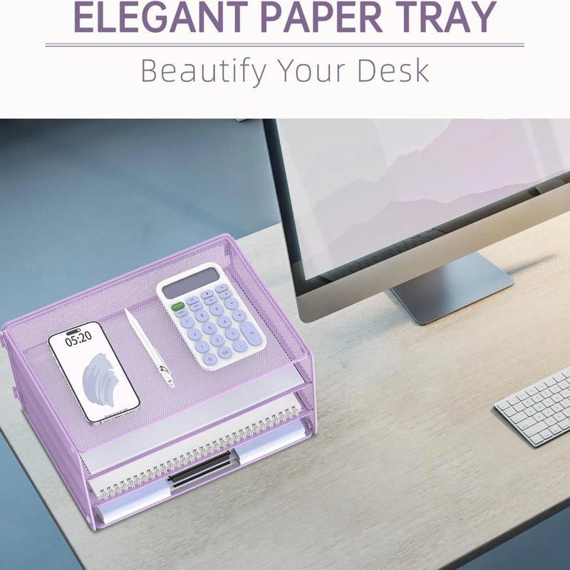 3-Tier Paper Tray Storage Rack, Metal Mesh Storage Box, Desktop Organizers And Accessories, Purple