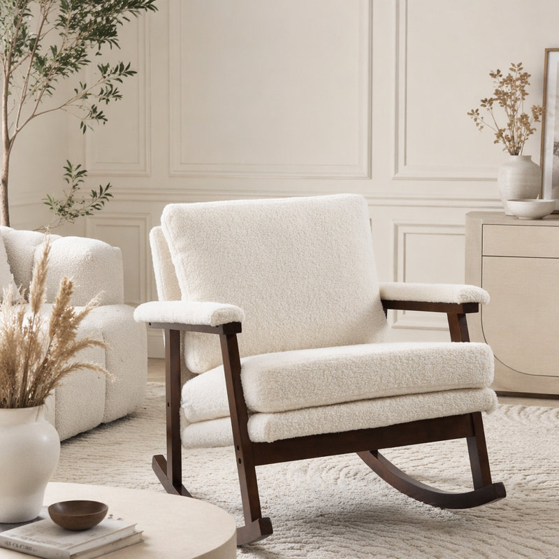 Chaise d'appoint moderne, chaise berçante avec structure en bois, Blanc antique