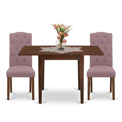 Mahogany Dahlia Linen Fabric Asian Hardwood Rectangle 3 Piece Dinette Set with Butterfly Leaf Dining Table and 2 Upholstered Parson Chairs