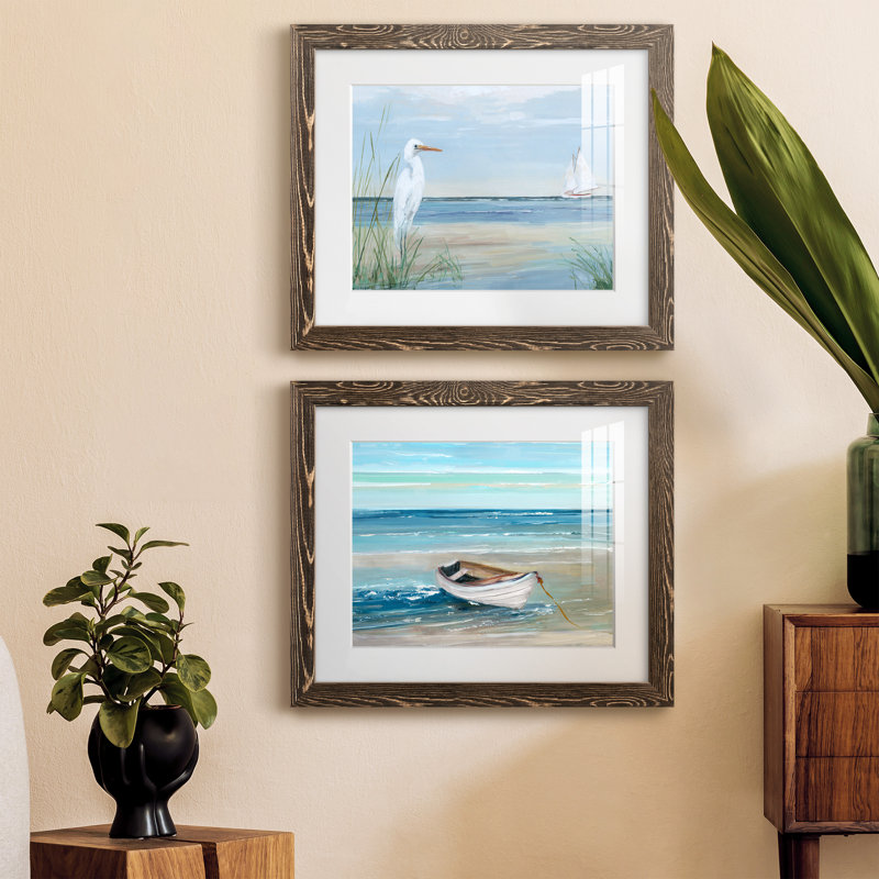 Summer Heron - Ensemble de 2 peintures sur papier encadrées, H 24 po x l 36 po x P 1,5 po, Papier, cadre noyer