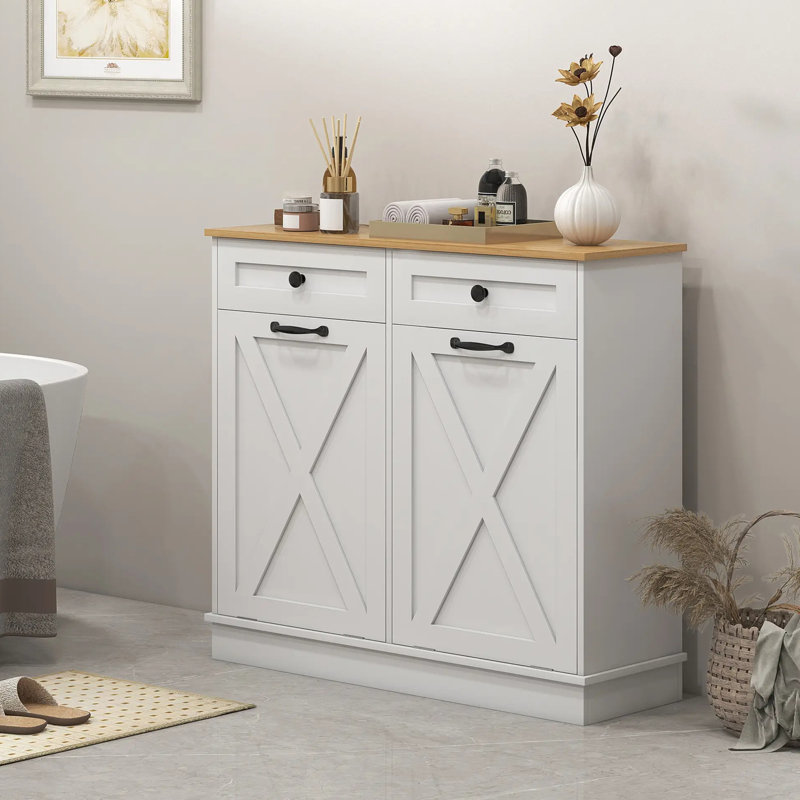 Tilt Out Laundry Hamper Cabinet, Bathroom Storage Cabinet with 2 Removable Baskets and 2 Drawers, White