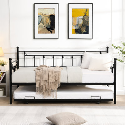 Daybed With Trundle In Black - Modern Look And Function, Metal Structure For Durability, Save Space Ease, Quiet Stable Experience, Easy Assembly , Fits All Mattress Sizes, 250/350 Lbs Supported Color
