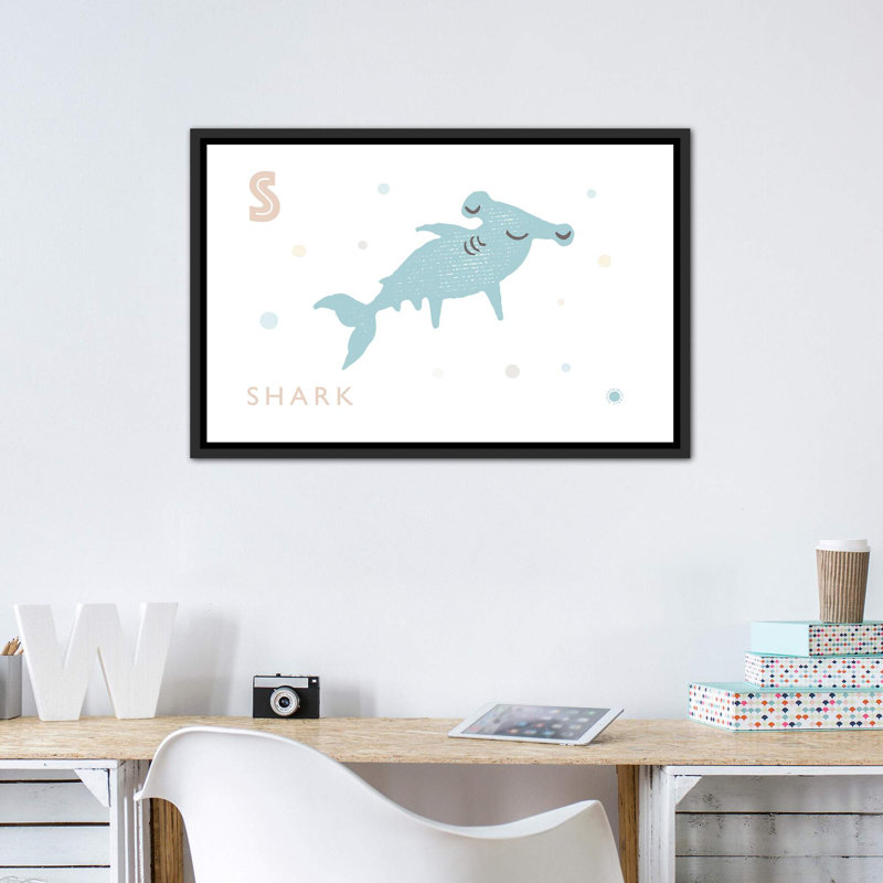 Requin - imprimé, H 26 po x l 40 po x 1,5 po, Toile avec cadre noir patiné, Pas de tapis