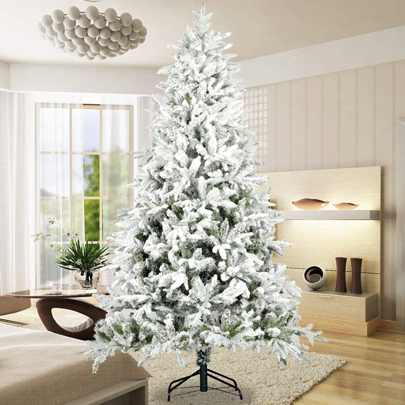 Arbre de Noël artificiel à charnière enneigé 7 pi avec des pointes réalistes blanches