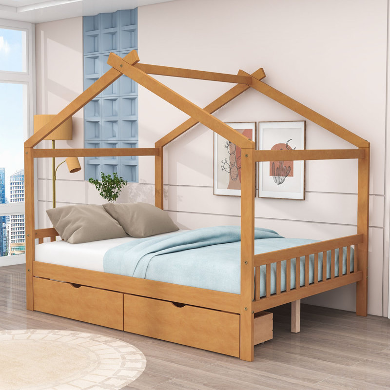Lit plateforme double en bois avec tiroirs de rangement et structure en forme de maison, Naturel