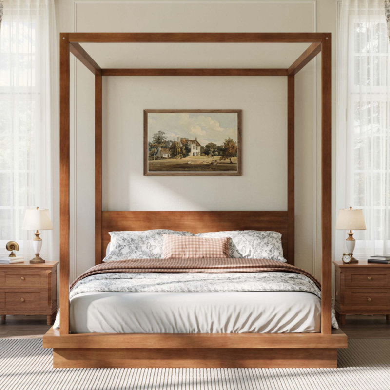 Lit plateforme à baldaquin en bois avec tête de lit, Grand lit, Brun