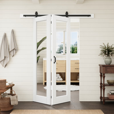 Porte standard préfinie à vitrage clair de 48 po x 80 po avec quincaillerie pour portes pliantes de style grange, idéale pour le garde-manger et le placard.