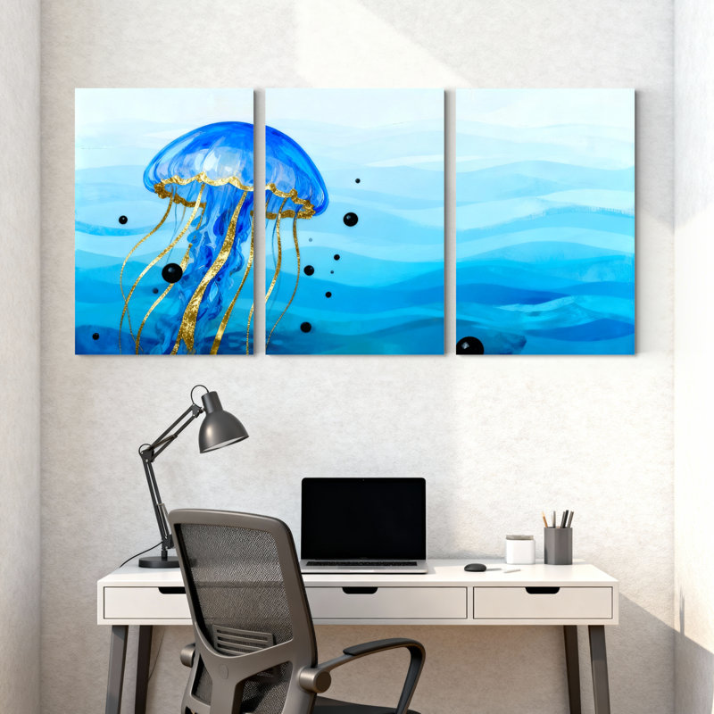 Ensemble de 3 impressions sur toile, méduse bleue avec tentacules et bulles dorées, H 18 po x l 36 po