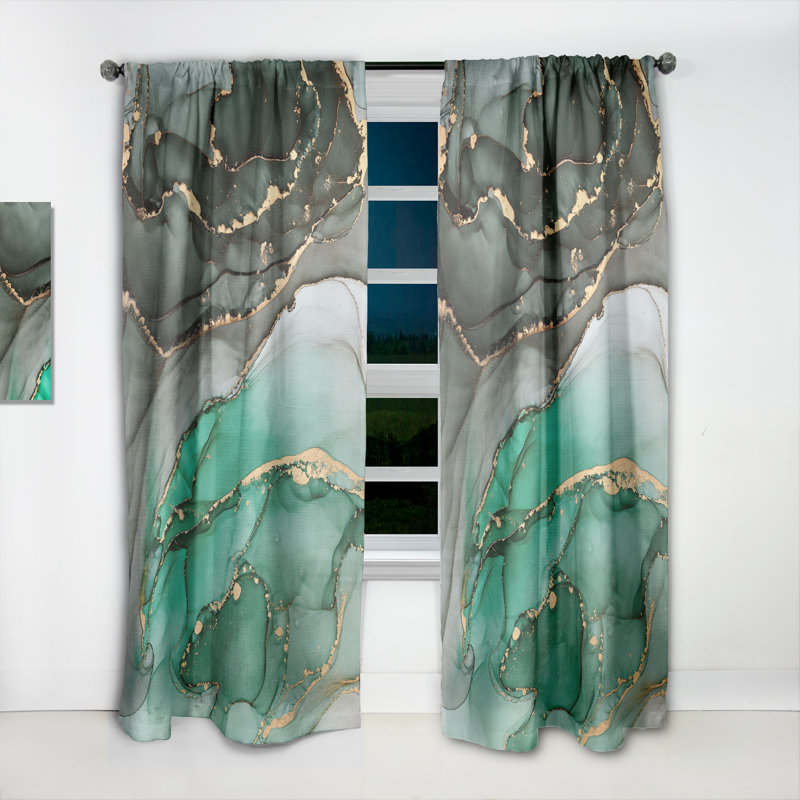 Abstrait abstrait fluide I - panneau de rideau simple semi-transparent abstrait moderne, Vert/gris, L 52 po x L 95 po