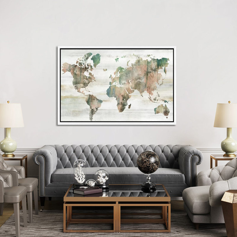 Map Of The World by Isabelle Z - Print on Canvas, 152.5 cm H x 101.5 cm W, White Framed