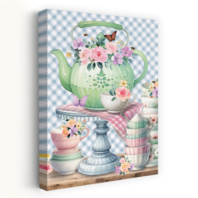 In The Kitchen Teapot And Cups Contemporary Butterfly Flower Art