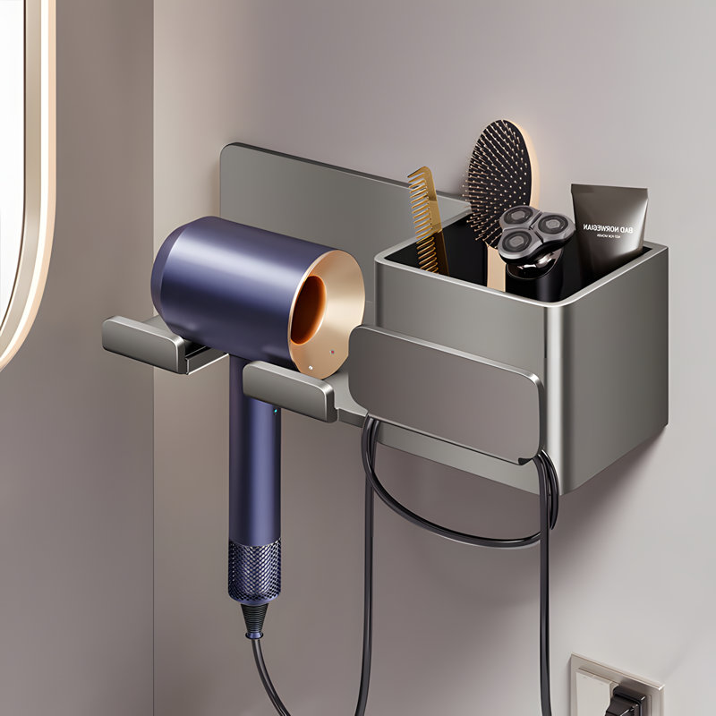 Hair Dryer Holder, No Drill Bathroom Organizer, Wall Mounted Blow Dryer Stand, Shower Storage Shelf, Gray