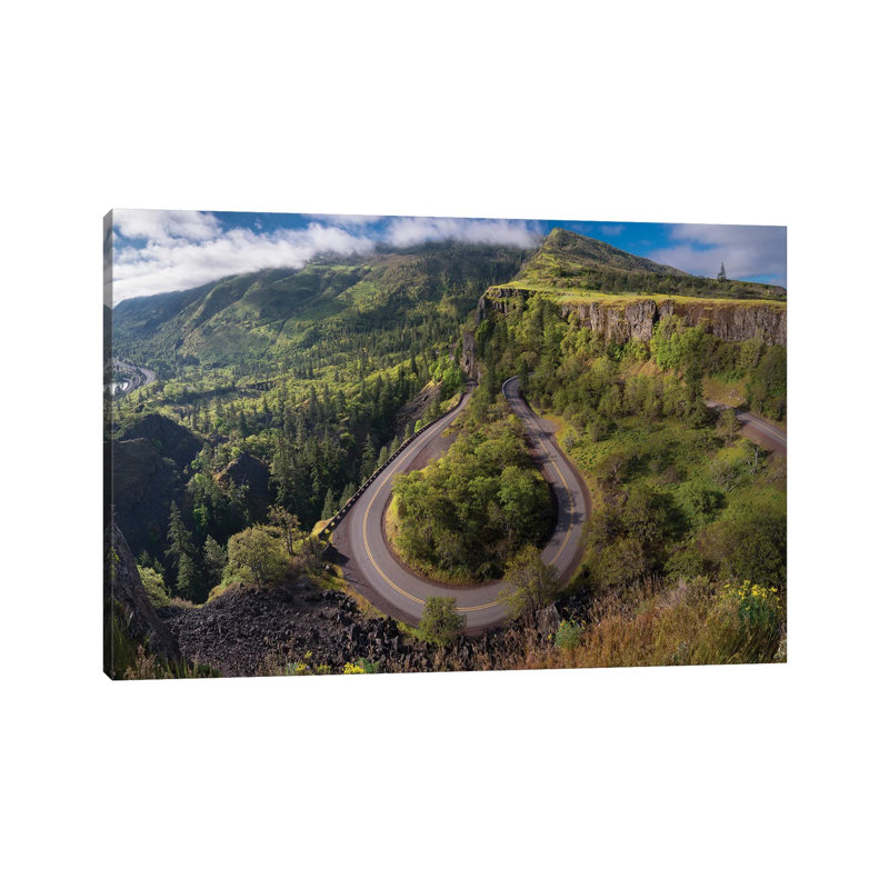 Oregon. Twisting, Curving Historic Columbia River Highway (Hwy 30) Below The Rowena Plateau by Gary Luhm - Wrapped Canvas Print