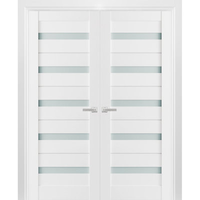 Solid French Double Doors Frosted Glass Quadro 4445 White Silk Wood Solid Panel Frame Trims Closet Bedroom Sturdy Doors 84" x 84" (2* 42x84)