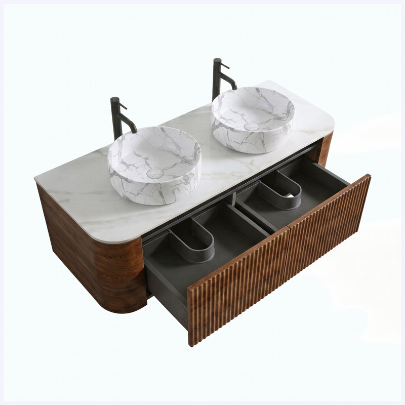 Meuble-lavabo 60 po en noyer avec lavabo double, ensemble de meuble-lavabo mural avec porte-serviettes gratuit, lavabos doubles en céramique de Carrare blanc, pré-assemblé, pour la salle de bain