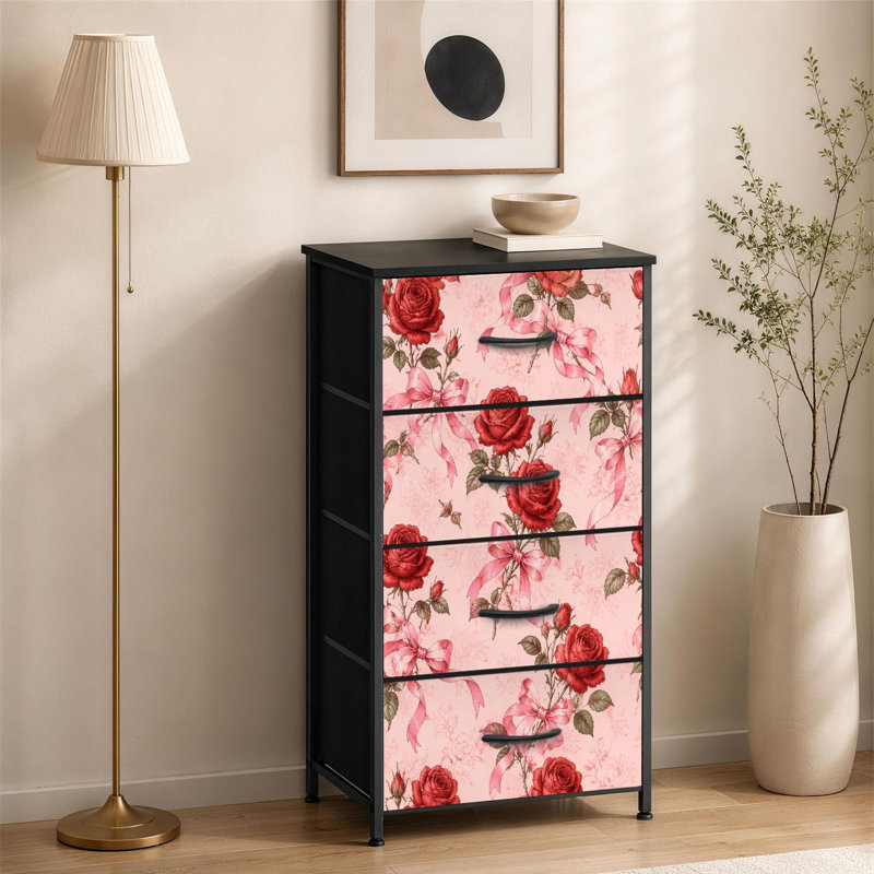 Commode à 4 tiroirs pour chambre à coucher avec roses rouges et rubans roses sans couture